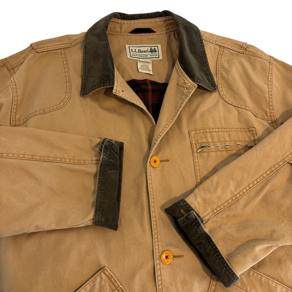 L.L. Bean Other - LL Bean Field Barn Coat Jacket Mens 2XL Tan Cotton Canvas Red Plaid Lining